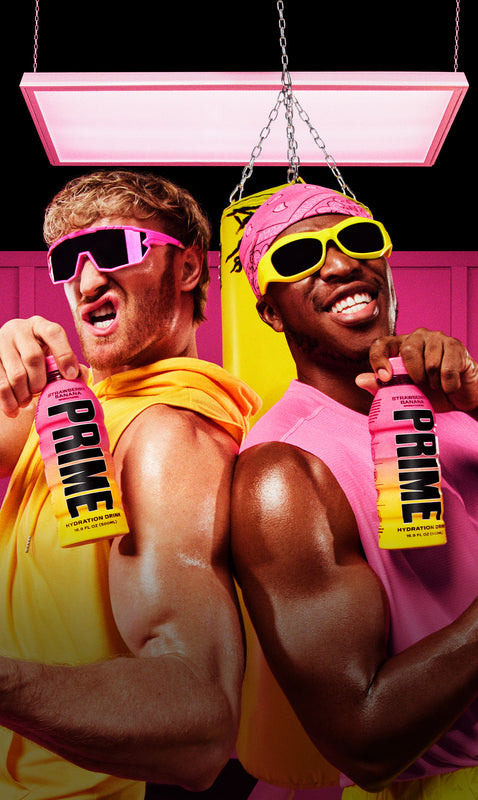 Banner featuring Logan Paul and KSI with new Strawberry Banana Hydration PRIME Bottles