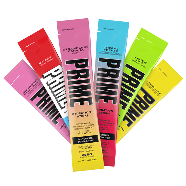 Group of PRIME Hydration Sticks in various flavors