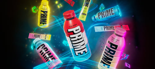 
Brightly colored bottles of PRIME hydration drinks in various flavors, including Lemonade, Ice Pop, Strawberry Banana, and Cherry Freeze, floating dynamically against a glowing blue and black background with swirling energy lines and crystal-like accents.