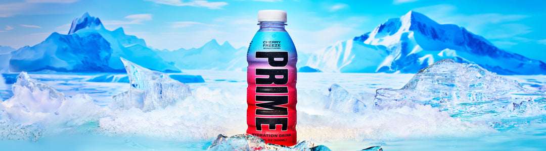 PRIME Cherry Freeze bottle pictured in the middle of icy terrain 