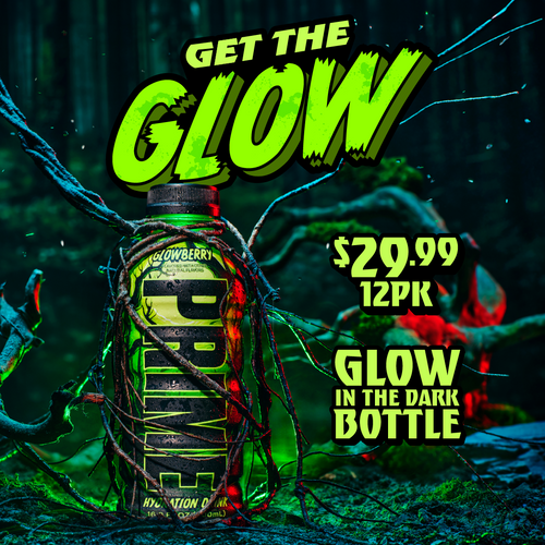 PRIME Glowberry hydration drink bottle with glow-in-the-dark design, surrounded by eerie vines in a dark forest. The text reads 'Get the Glow' and advertises a 12-pack for $29.99. The vibrant green and yellow colors highlight the unique glow-in-the-dark feature of the bottle.