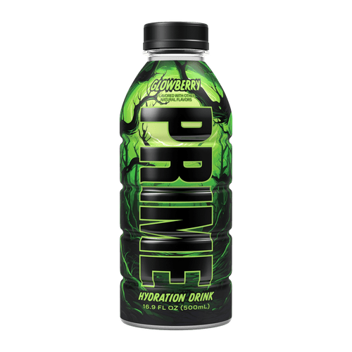 PRIME Glowberry hydration drink bottle, featuring a green glow-in-the-dark design with the text 'Glowberry' and 'Hydration Drink' on the label. The bottle has a sleek, modern look with a 16.9 FL OZ (500mL) capacity, emphasizing the unique glow-in-the-dark feature.