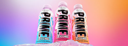 Blue Chill, Red Chill, and Orange PRIME ICE Hydration resting on a shelf of ice. 