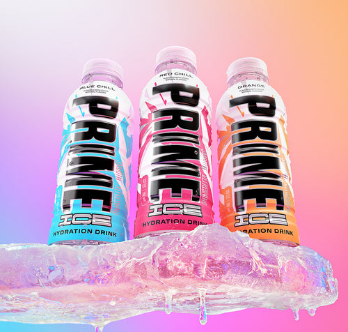 Blue Chill, Red Chill, and Orange PRIME ICE Hydration resting on a shelf of ice. 