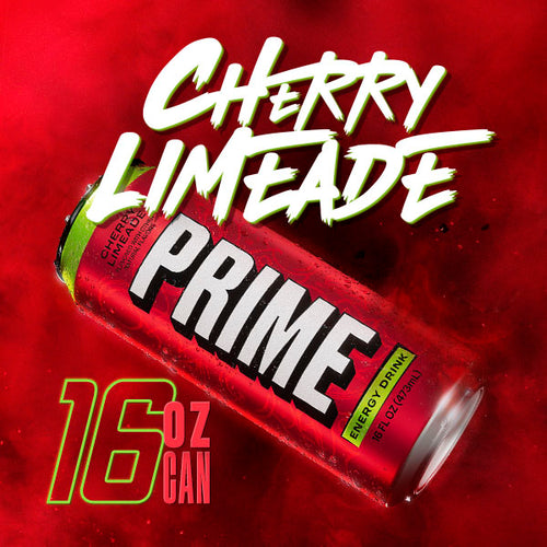 One 16- ounce can of Cherry Limeade PRIME Energy  in a vibrant red atmosphere.