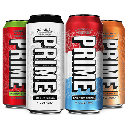 All four flavors of 16oz PRIME Energy, featuring the latest flavor, Cherry Limeade, alongside Dream Pop, Dripsicle, and Original.  