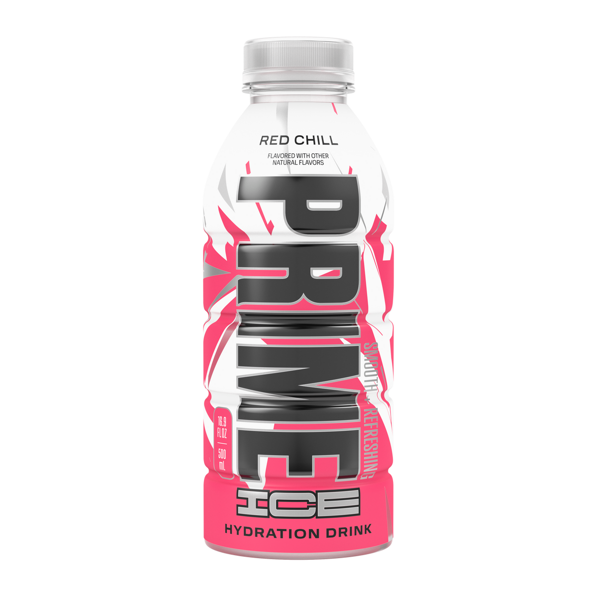 The front view of a 16.9oz bottle of Red Chill PRIME ICE Hydration, smooth, refreshing, and flavored with other natural flavors. 