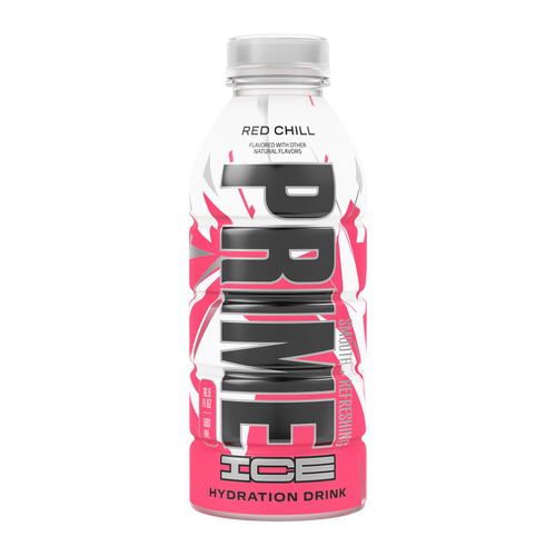 The front view of a 16.9oz bottle of Red Chill PRIME ICE Hydration, smooth, refreshing, and flavored with other natural flavors. 