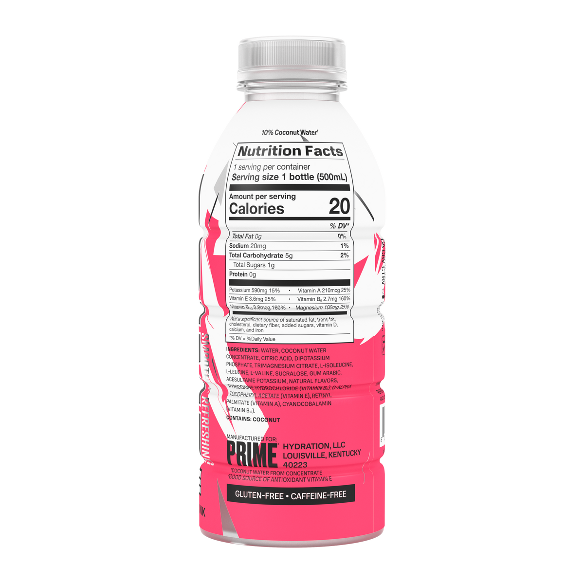 The back view of a caffeine-free, gluten-free, 20-calorie Red Chill PRIME ICE Hydration bottle, highlighting nutrition facts and ingredients. 