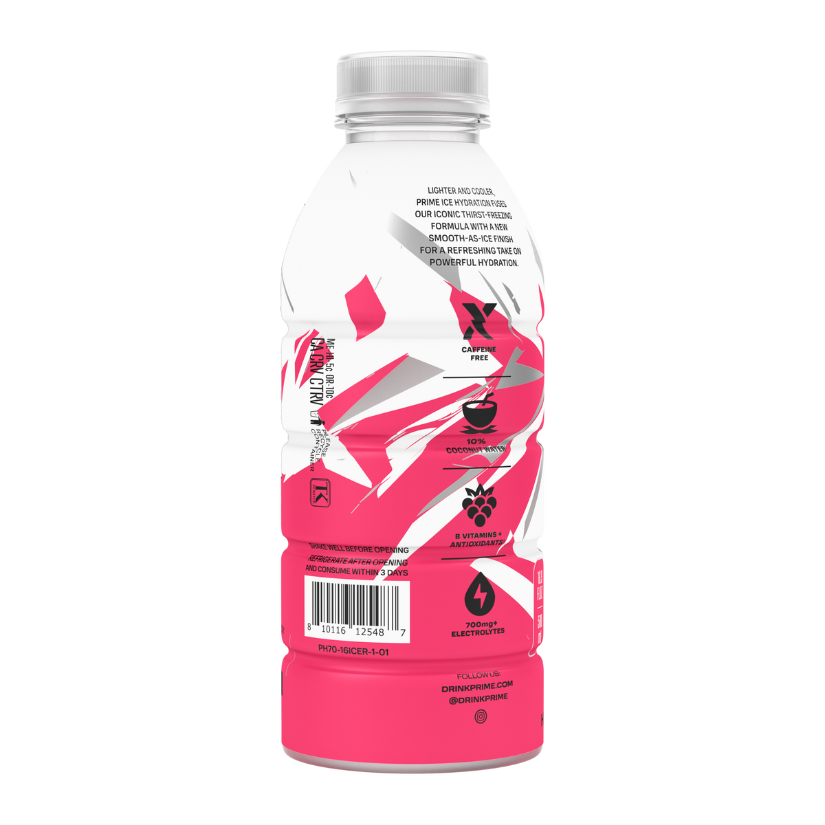 The side view of a Red Chill PRIME ICE Hydration bottle, made with zero caffeine, 10% coconut water, B vitamins, antioxidants, and 700+ mg of electrolytes. 