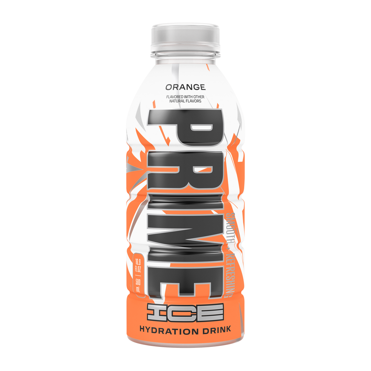 The front view of a 16.9oz bottle of Orange PRIME ICE Hydration, smooth, refreshing, and flavored with other natural flavors. 