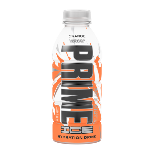 The front view of a 16.9oz bottle of Orange PRIME ICE Hydration, smooth, refreshing, and flavored with other natural flavors. 