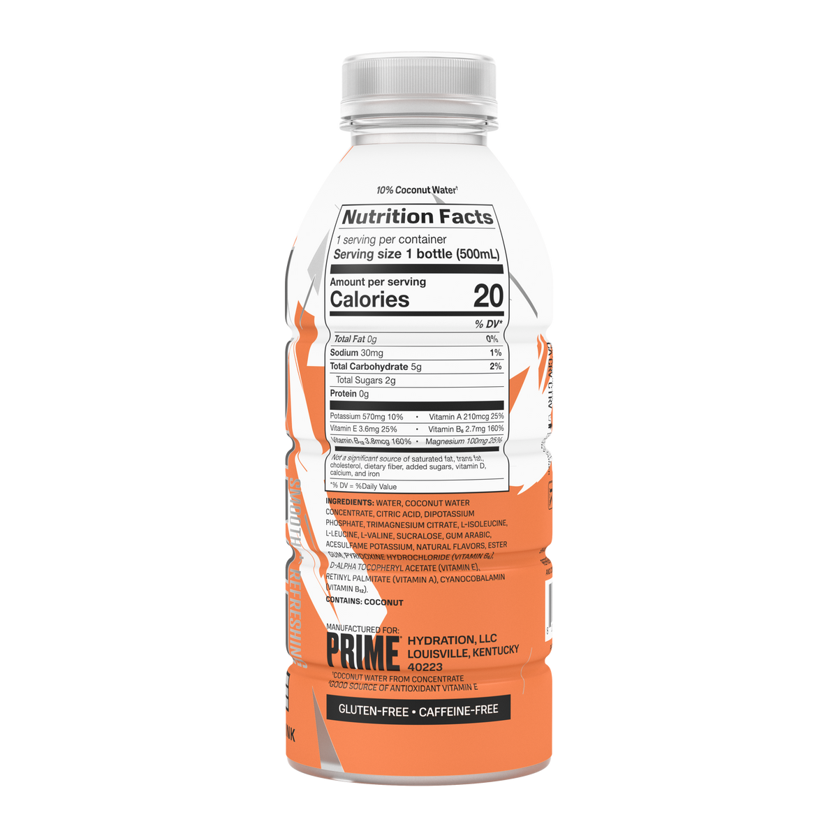 The back view of a caffeine-free, gluten-free, 20-calorie Orange PRIME ICE Hydration bottle, highlighting nutrition facts and ingredients. 