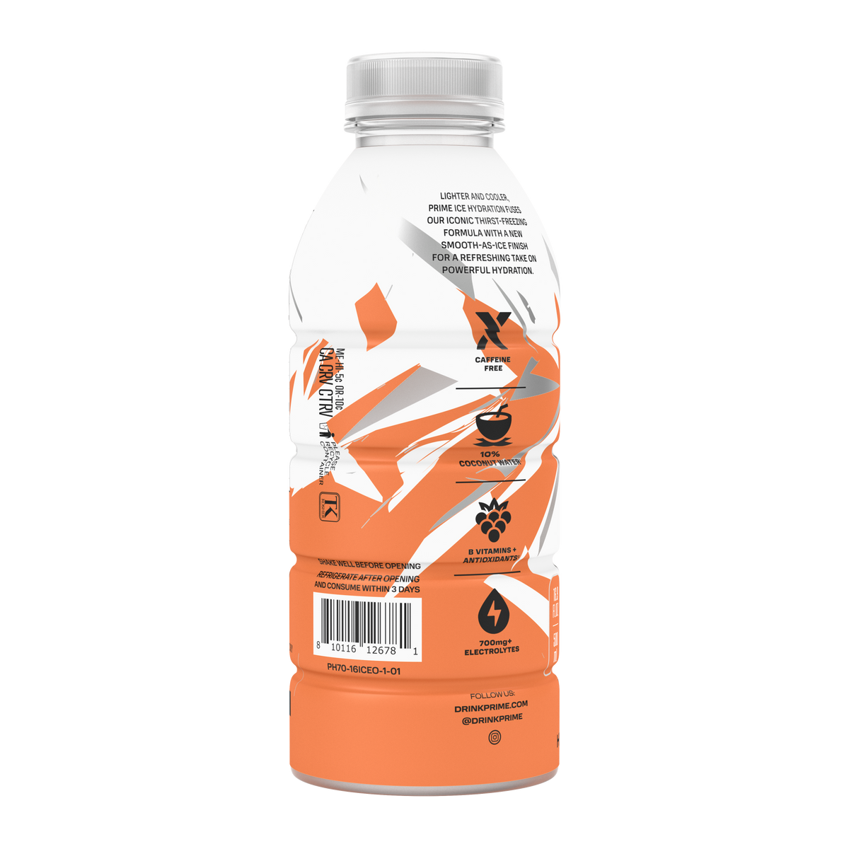 The side view of an Orange PRIME ICE Hydration bottle, made with zero caffeine, 10% coconut water, B vitamins, antioxidants, and 700+ mg of electrolytes. 