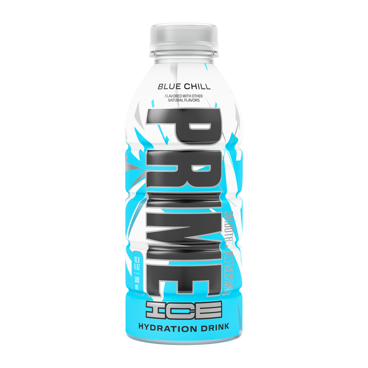 The front view of a 16.9oz bottle of Blue Chill PRIME ICE Hydration, smooth, refreshing, and flavored with other natural flavors. 