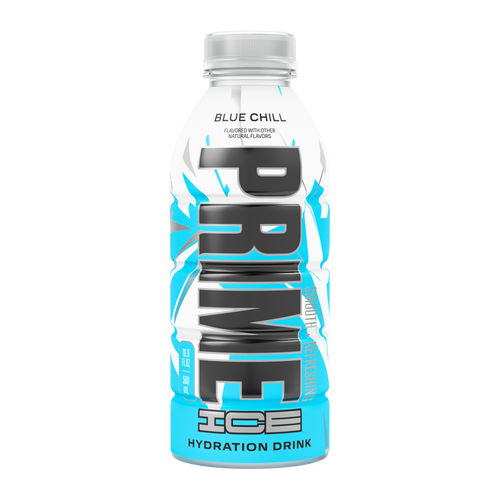 The front view of a 16.9oz bottle of Blue Chill PRIME ICE Hydration, smooth, refreshing, and flavored with other natural flavors. 