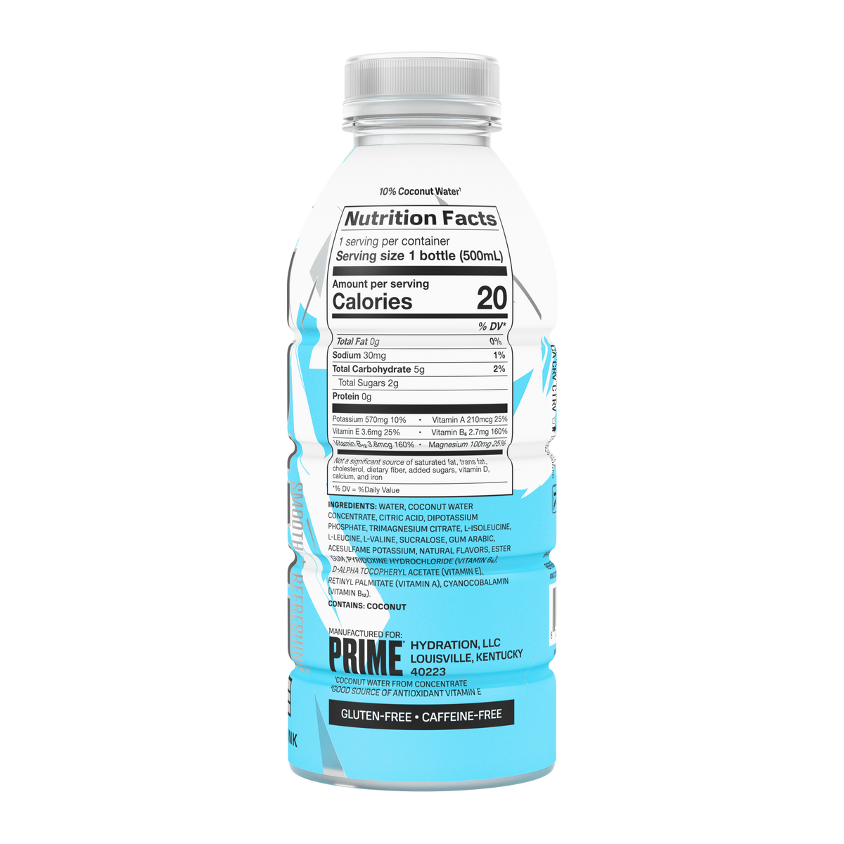 The back view of a caffeine-free, gluten-free, 20-calorie Blue Chill PRIME ICE Hydration bottle, highlighting nutrition facts and ingredients. 