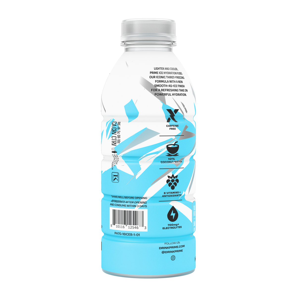 The side view of a Blue Chill PRIME ICE Hydration bottle, made with zero caffeine, 10% coconut water, B vitamins, antioxidants, and 700+ mg of electrolytes. 