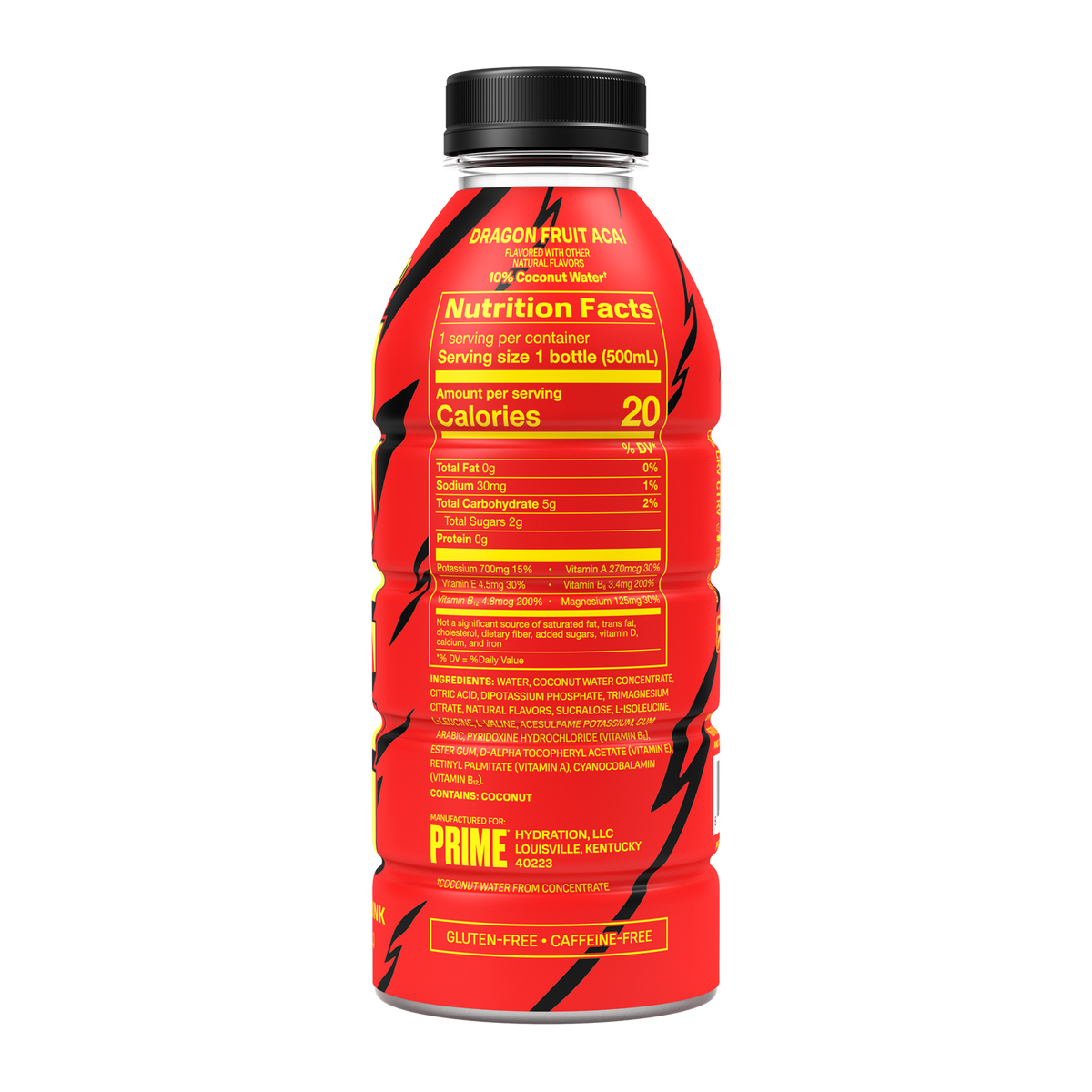 The back view of a PRIME Hydration bottle, displaying the full nutrition facts, flavor name, and ingredients list. 