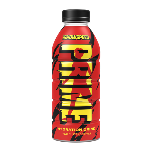 The front view of a PRIME Hydration bottle, featuring the exclusive red, yellow, and black design for the IShowSpeed partnership. 