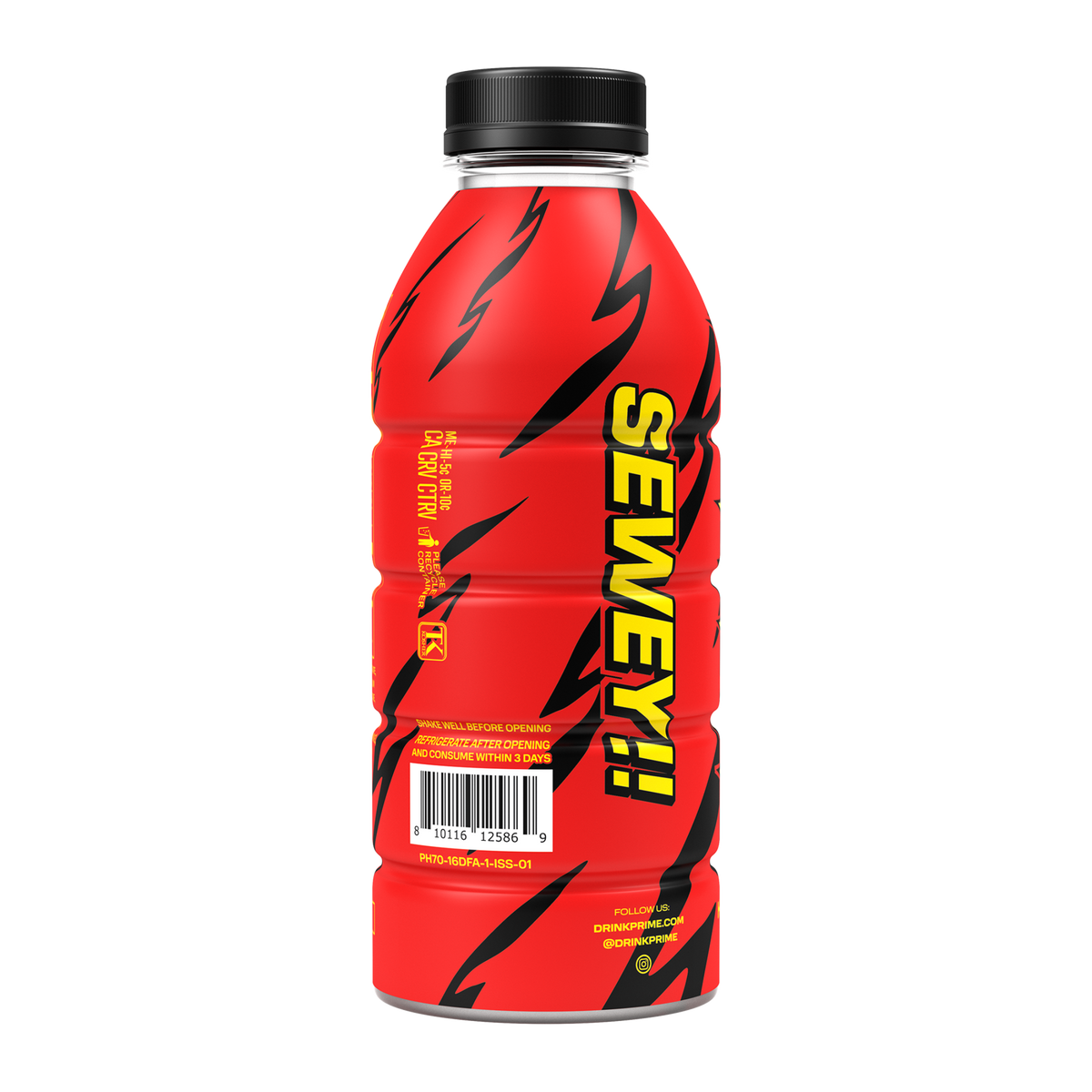 The side view of a PRIME Hydration bottle, featuring the exclusive design for the IShowSpeed partnership, including his catchphrase, SEWEY. 