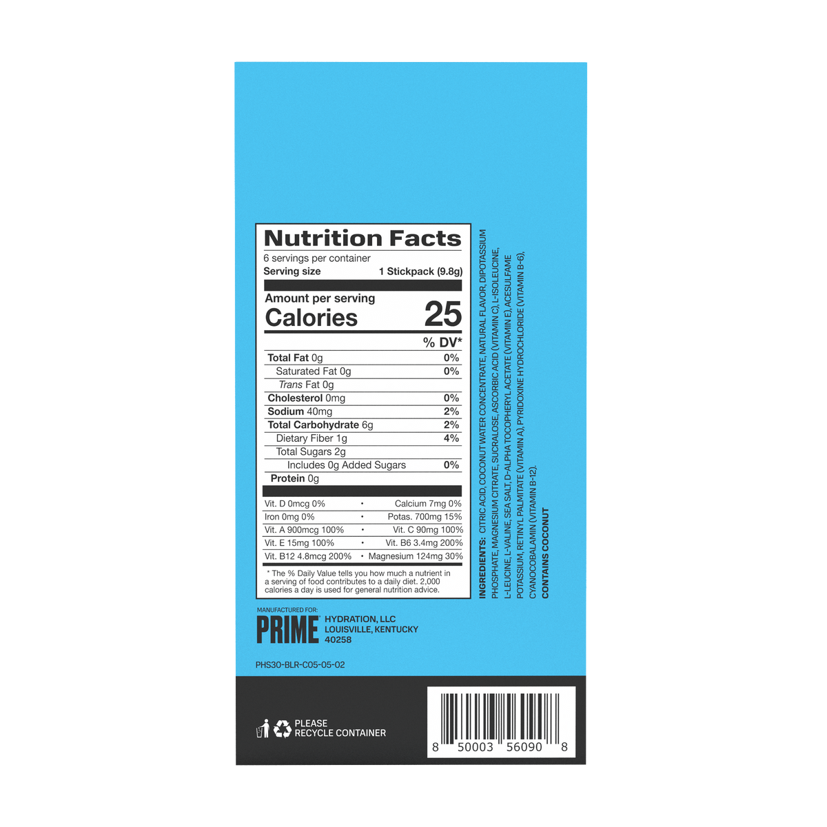 PRIME Hydration+ Sticks - Blue Raspberry, 6 PK